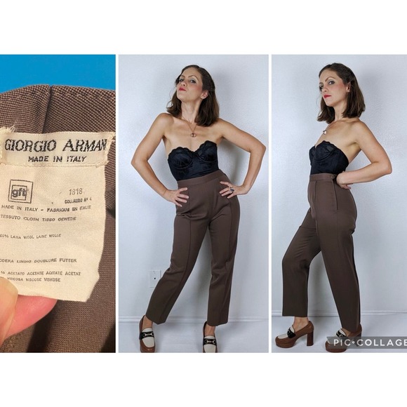 size 26/27 vintage 90s Mocha GIORGIO ARMANI high waisted TROUSERS designer pants - Picture 1 of 10